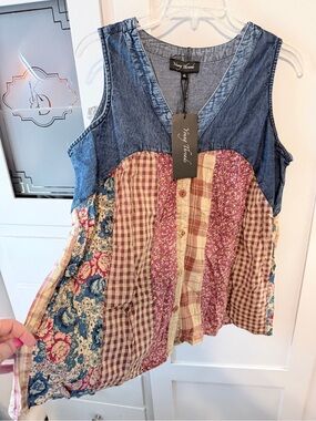 Young threads boho Blue Denim Yoke Patchwork Tank Top